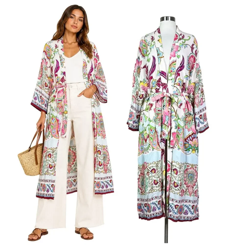 ZARA | Floral Print Belted Long Kimono Duster Cover Up White Pink Cardigan Large